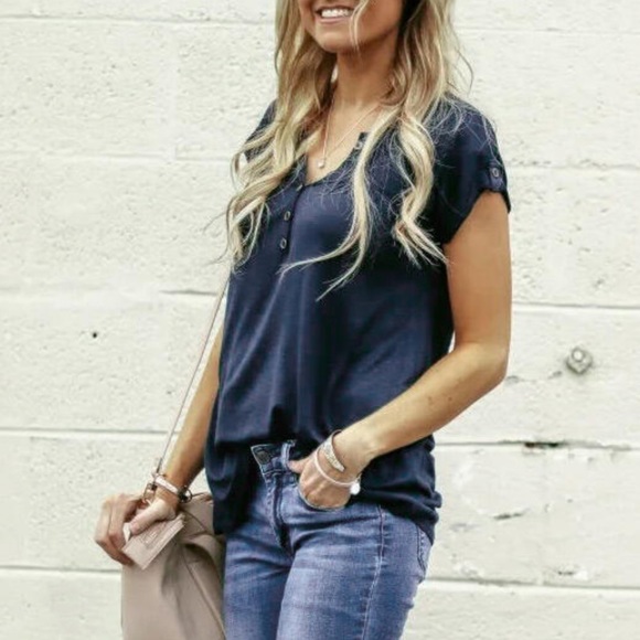 Tops - Blue Buttoned Detail Short Sleeve Top